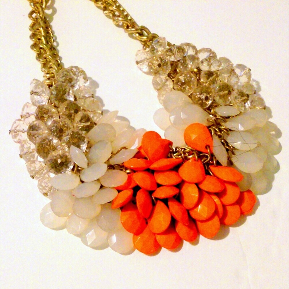 Gold Tone Chain Link Orange White Acrylic Cluster Statement Necklace